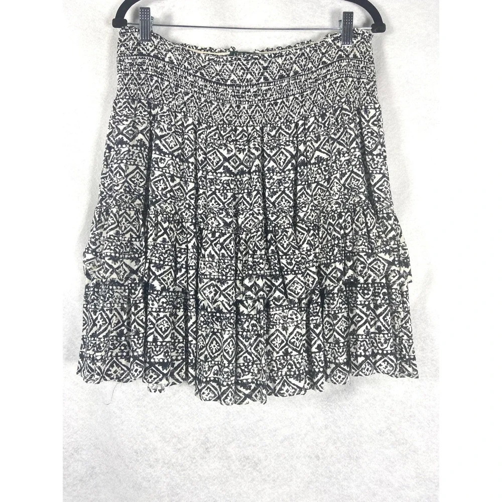 Lauren Ralph Lauren Skirt Women's 12 Black Tiered Ruffle Smocked Waist Aztec